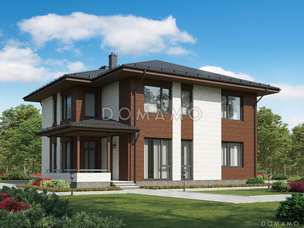 Проект двухэтажного дома из газобетона с крытой террасой, просторной гостиной с камином / 3