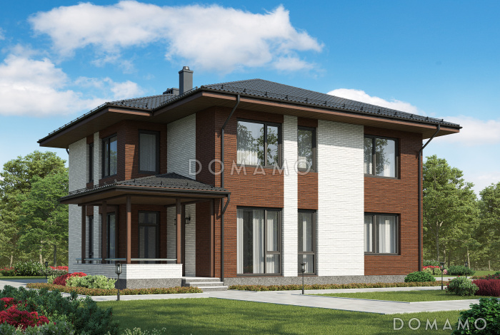 Проект двухэтажного дома из газобетона с крытой террасой, просторной гостиной с камином Проект двухэтажного дома из газобетона с крытой террасой, просторной гостиной с камином