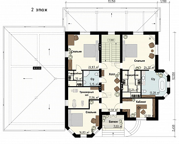 Проект загородного дома с гаражом, сауной, террасой, спортзалом / План 2 этажа Проект загородного дома с гаражом, сауной, террасой, спортзалом / План 2 этажа