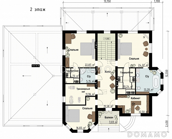 Проект загородного дома с гаражом, сауной, террасой, спортзалом / План 2 этажа Проект загородного дома с гаражом, сауной, террасой, спортзалом / План 2 этажа