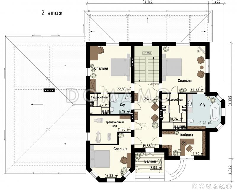 Проект загородного дома с гаражом, сауной, террасой, спортзалом / План 2 этажа