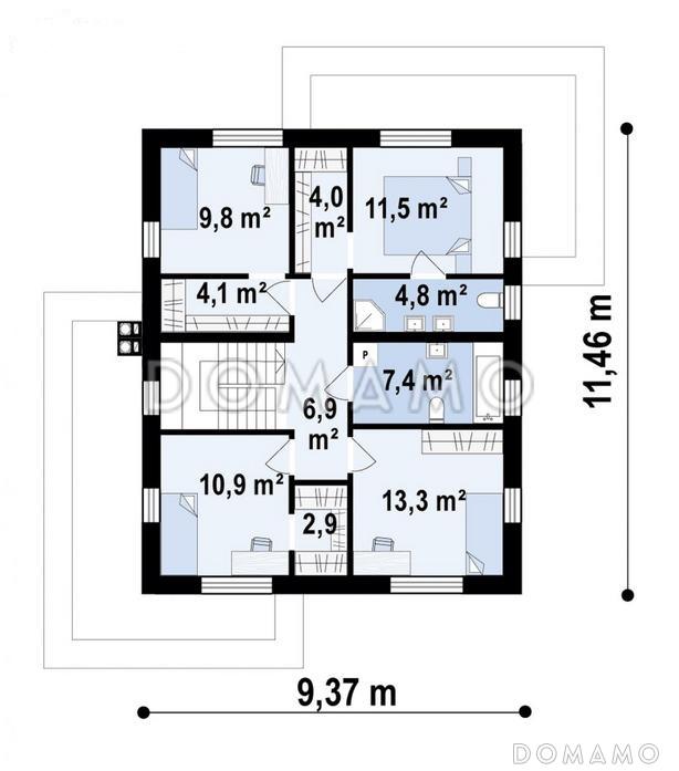 Проект двухэтажного загородного дома с гаражом, входом на кухню из гостиной и прихожей, кладовой, санузлом под лестницей / План 2 этажа