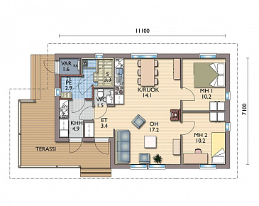 Проект каркасной сауны с угловой крытой террасой / План 1 этажа