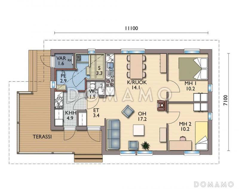 Проект каркасной сауны с угловой крытой террасой / План 1 этажа