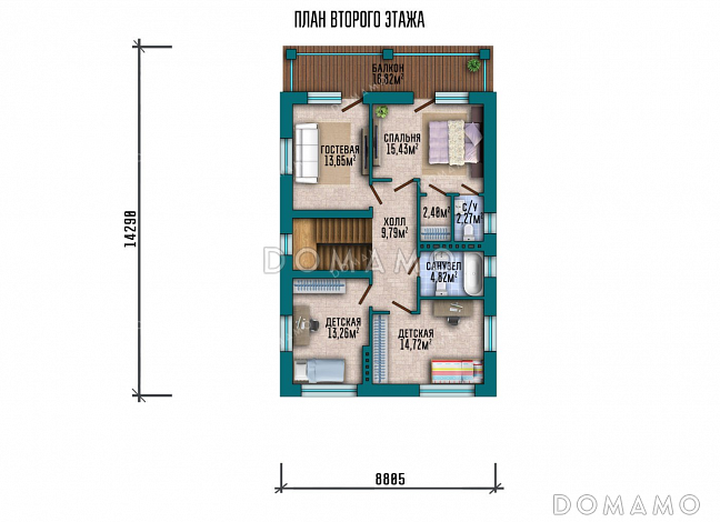Проект двухэтажного дома с террасой, гаражом на два автомобиля и подвалом / План 2 этажа Проект двухэтажного дома с террасой, гаражом на два автомобиля и подвалом / План 2 этажа