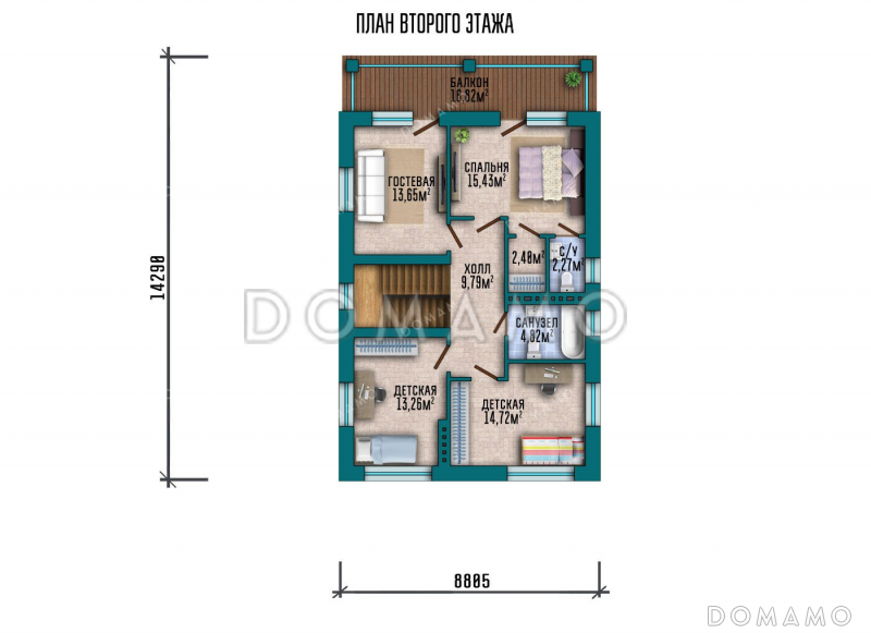 Проект двухэтажного дома с террасой, гаражом на два автомобиля и подвалом / План 2 этажа