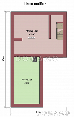 Проект двухэтажного коттеджа с цоколем, с гаражом и отдельным входом в кабинет / План цокольного этажа