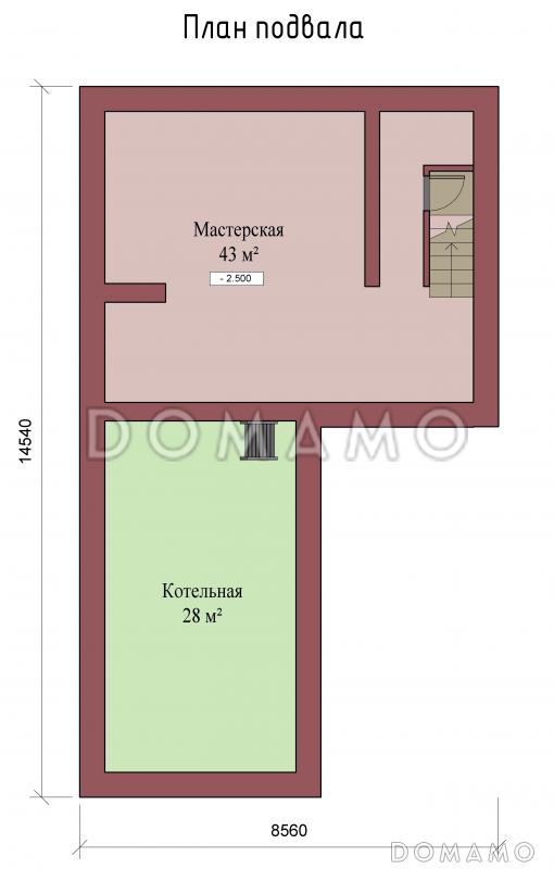 Проект двухэтажного коттеджа с цоколем, с гаражом и отдельным входом в кабинет / План цокольного этажа