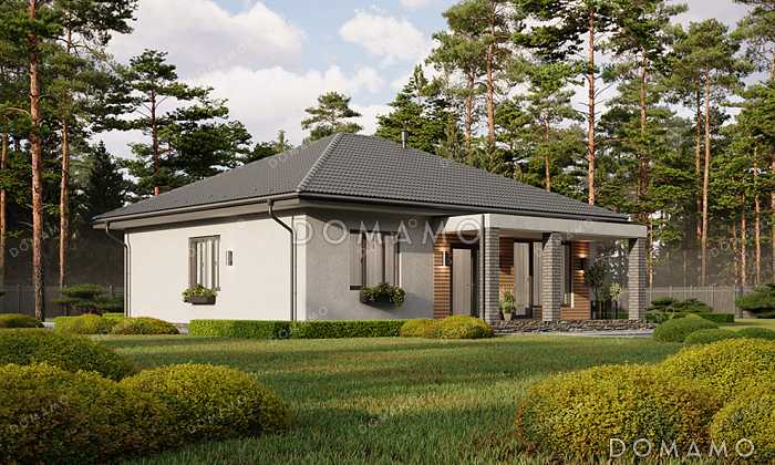 Проект компактного одноэтажного дома с вальмовой кровлей, крытой террасой, тремя спальнями и большой открытой зоной кухни-гостиной Проект компактного одноэтажного дома с вальмовой кровлей, крытой террасой, тремя спальнями и большой открытой зоной кухни-гостиной