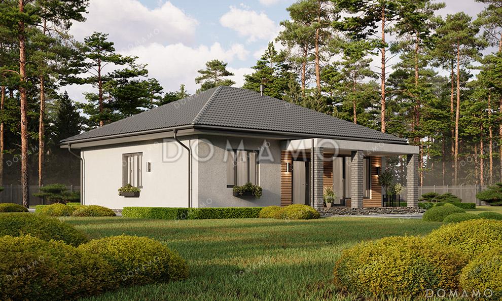 Проект компактного одноэтажного дома с вальмовой кровлей, крытой террасой, тремя спальнями и большой открытой зоной кухни-гостиной / 1