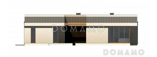 Проект современного одноэтажного дома из кирпича с тремя спальнями, гаражом и внутренним двориком переходящим в открытую террасу / Фасад 3