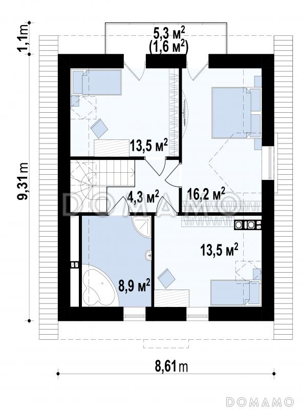 Проект загородного дома с просторной гостиной, балконом, террасой, изолированной кухней / План мансардного этажа