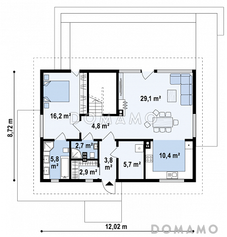Проект одноэтажного мансардного дома из кирпича с четырьмя спальнями и панорамным остеклением гостиной / План 1 этажа Проект одноэтажного мансардного дома из кирпича с четырьмя спальнями и панорамным остеклением гостиной / План 1 этажа