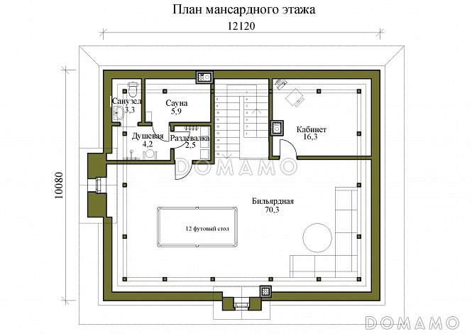 Проект двухэтажного дома с бильярдной и мансардой / План мансардного этажа Проект двухэтажного дома с бильярдной и мансардой / План мансардного этажа
