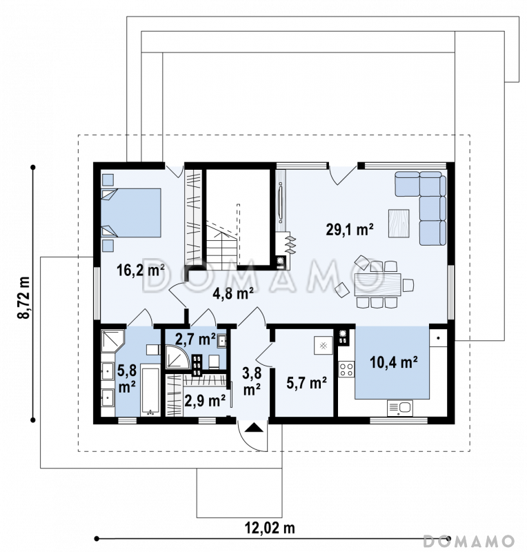 Проект одноэтажного мансардного дома из кирпича с четырьмя спальнями и панорамным остеклением гостиной / План 1 этажа