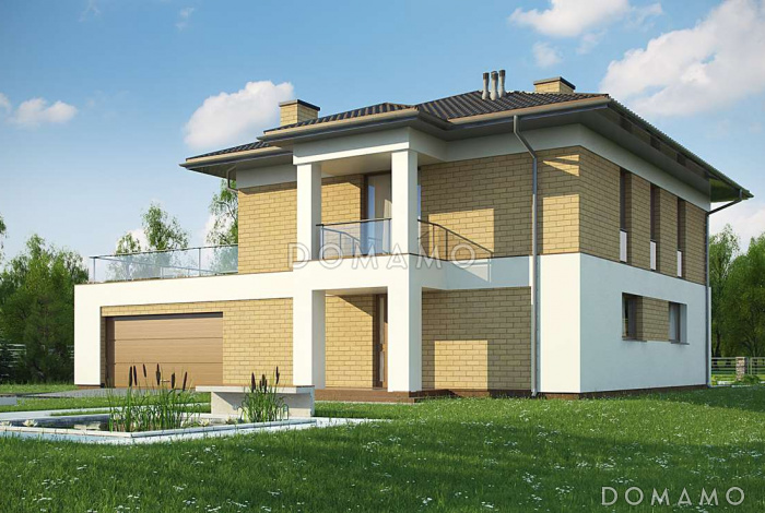 Проект современного двухэтажного дома из газобетона балконом, лоджией и открытой террасой над двухместным гаражом Проект современного двухэтажного дома из газобетона балконом, лоджией и открытой террасой над двухместным гаражом