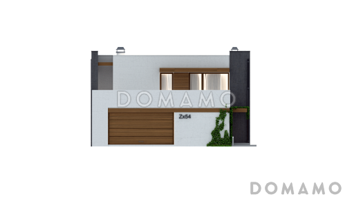 Проект современного двухэтажного дома из кирпича с плоской крышей с четырьмя комнатами, гаражом и открытой террасой на втором этаже / Фасад 1