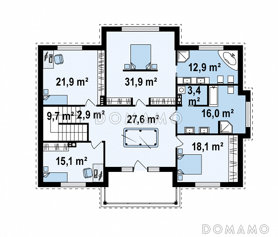 Проект большого двухэтажного дома из кирпича с четырьмя спальнями, сауной и просторной дневной зоной / План 2 этажа