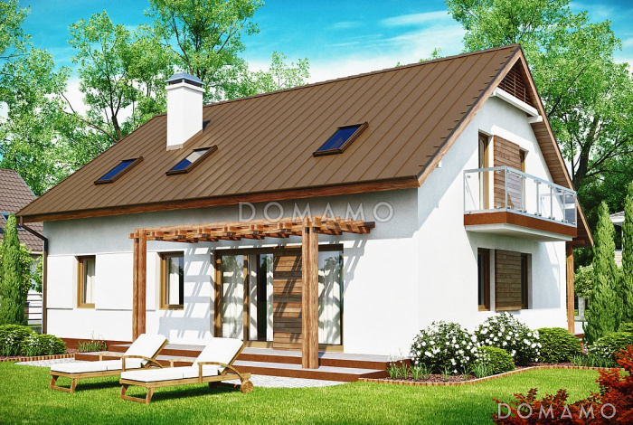 Проект одноэтажного мансардного дома из газобетона с кабинетом, гаражом и двумя балконом по торцам 