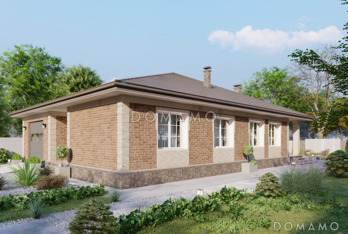 Проект дома с мастер-спальней, крытой террасой и встроенным гаражом Проект дома с мастер-спальней, крытой террасой и встроенным гаражом