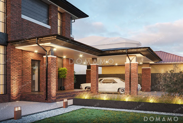 Проект двухэтажного дома с подвалом и навесом для авто