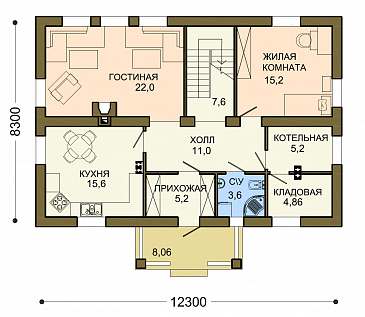 Проект уютного загородного дома из SIP панелей с ажурным крыльцом под зеленой крышей / План 1 этажа Проект уютного загородного дома из SIP панелей с ажурным крыльцом под зеленой крышей / План 1 этажа