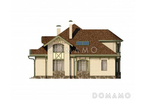 Проект дома с полукруглым эркером, двумя спальнями на первом этаже, вторым светом, ванной с окном, библиотекой / Фасад 2