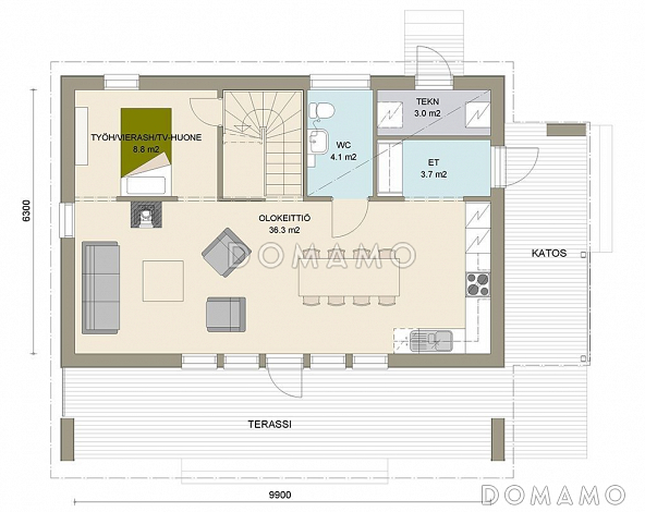 Проект современного двухэтажного каркасного дома с двускатной крышей / План 1 этажа