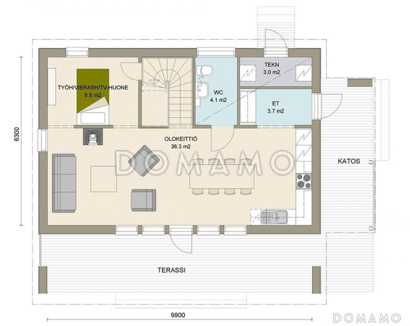 Проект современного двухэтажного каркасного дома с двускатной крышей / План 1 этажа