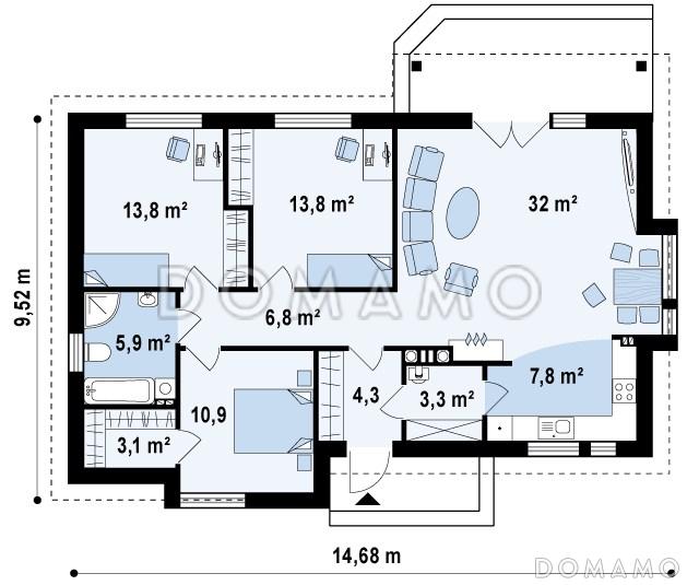 Проект одноэтажного дома из газобетона с современными фасадами и эркерами / План 1 этажа