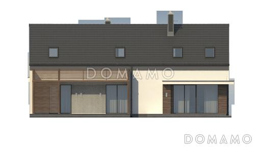 Проект современного одноэтажного мансардного дома из газобетона с общим входом для двух семей / Фасад 1