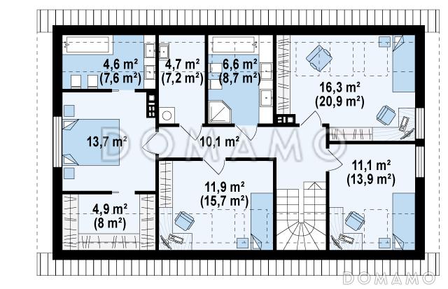 Проект одноэтажного дома с мансардным этажом из кирпича с четырьмя спальнями, кабинетом и и гаражом / План мансардного этажа