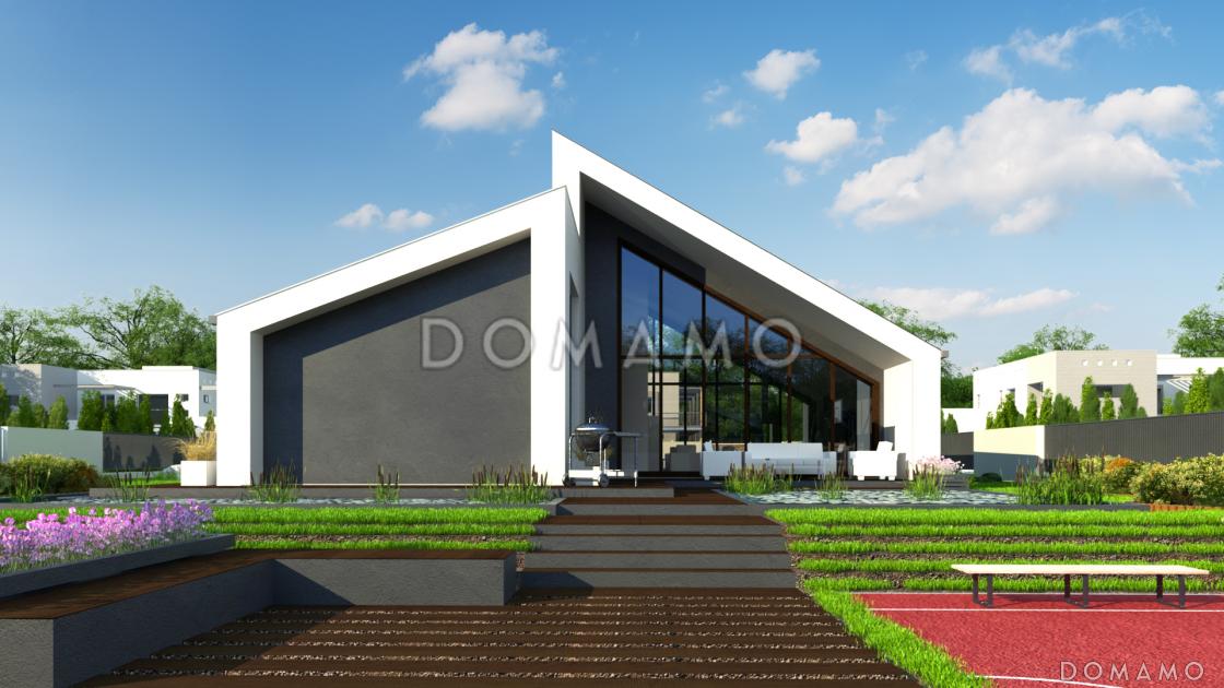 Проект одноэтажного дома с косой крышей, большими террасами, панорамным остеклением дневной зоны / 6