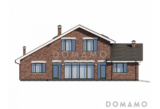 Проект загородного дома с гаражом, верандой и террасой, сауной, отдельными лестницами на мансардный этаж в гостевую и хозяйскую часть / Фасад 1