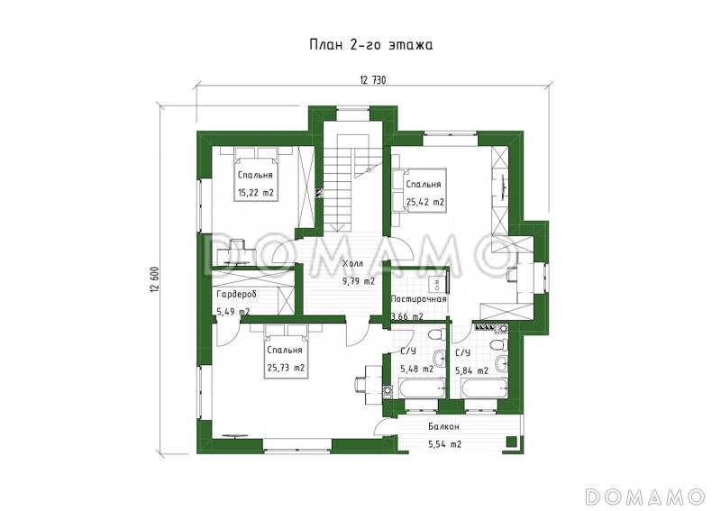 Проект двухэтажного дома с эркерной гостиной, камином и крытой террасой / План 2 этажа