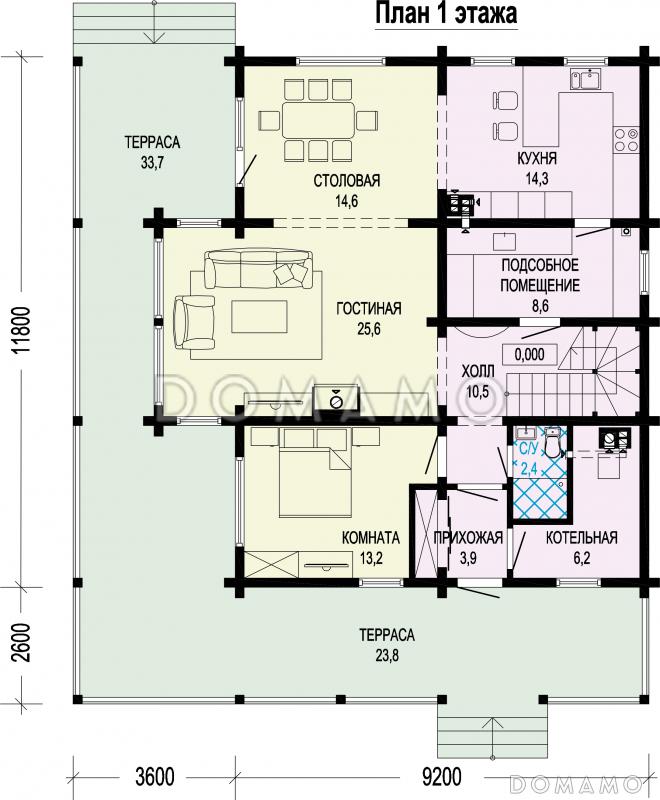 Проект двухэтажного дома из бруса с масштабной крытой террасой и бельведером / План 1 этажа