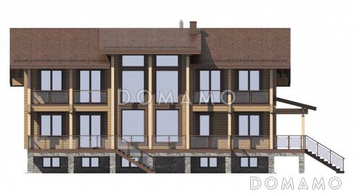 Проект особняка из бруса с цокольным этажем, тренажерным залом и панорамнымии окнами / Фасад 1