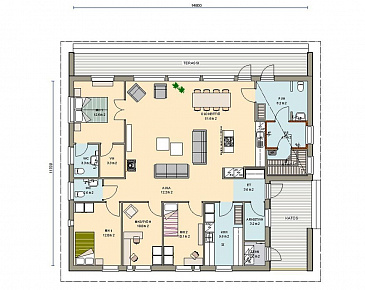 Проект одноэтажного дома с небольшой гардеробной, санузлом в хозяйской спальне / План 1 этажа Проект одноэтажного дома с небольшой гардеробной, санузлом в хозяйской спальне / План 1 этажа