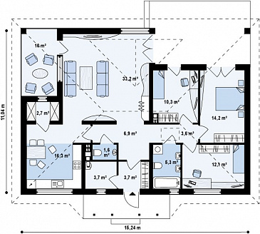Проект одноэтажного дома из газобетона с крытой террасой и оранжереей  / План 1 этажа