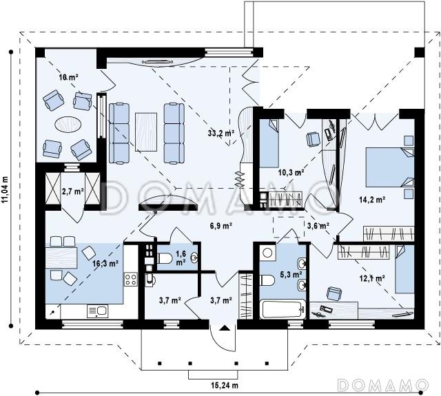 Проект одноэтажного дома из газобетона с крытой террасой и оранжереей  / План 1 этажа
