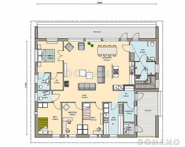 Проект одноэтажного дома с небольшой гардеробной, санузлом в хозяйской спальне / План 1 этажа Проект одноэтажного дома с небольшой гардеробной, санузлом в хозяйской спальне / План 1 этажа