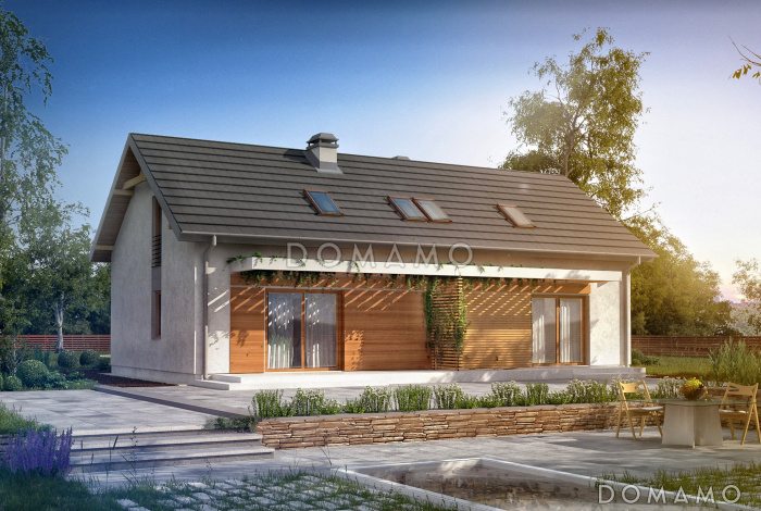 Проект одноэтажного мансардного дома из газобетона с отделённой однокомнатной квартирой на первом этаже