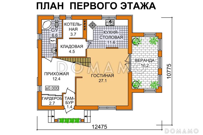 Проект коттеджа тремя спальнями, верандой и большим балконом / План 1 этажа