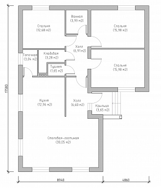 Проект компактного одноэтажного дома с тремя спальнями и большой кухней-столовой-гостиной / План 1 этажа