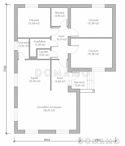 Проект компактного одноэтажного дома с тремя спальнями и большой кухней-столовой-гостиной / План 1 этажа