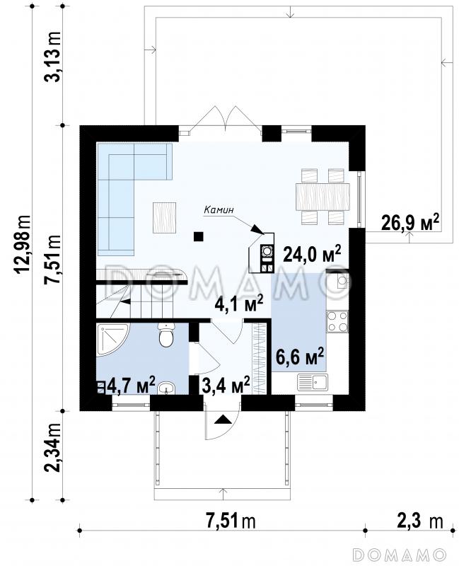 Проект компактного одноэтажного мансардного дома из кирпича с двумя спальнями для строительства на небольшом участке / План 1 этажа
