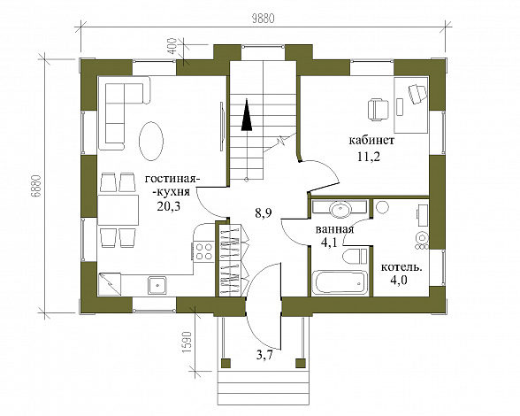 Проект небольшого двухэтажного особняка с парадным фасадом / План 1 этажа