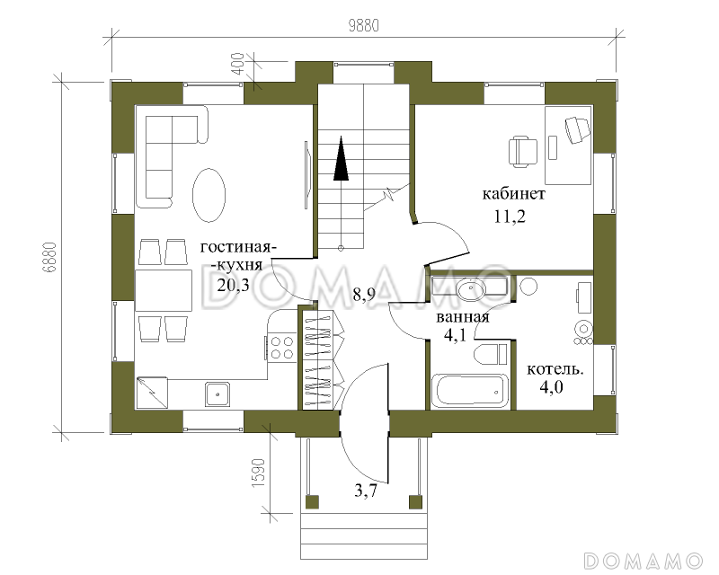 Проект небольшого двухэтажного особняка с парадным фасадом / План 1 этажа