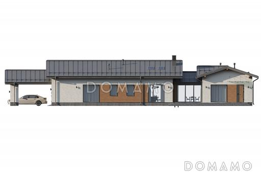 Проект одноэтажного кирпичного дома с четырьмя спальнями, просторной дневной зоной и застекленной террасой с барбекю / Фасад 2