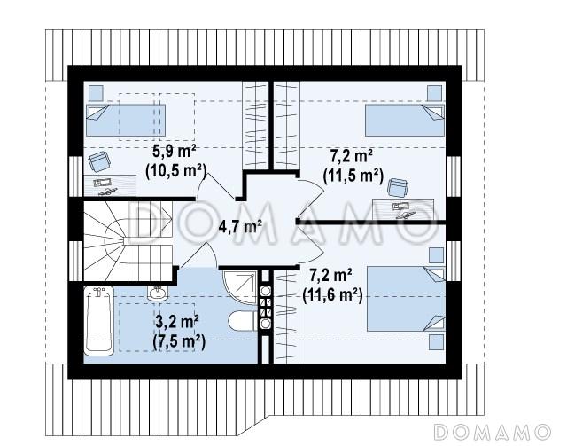 Проект небольшого мансардного дома из кирпича с четырьмя спальнями / План мансардного этажа